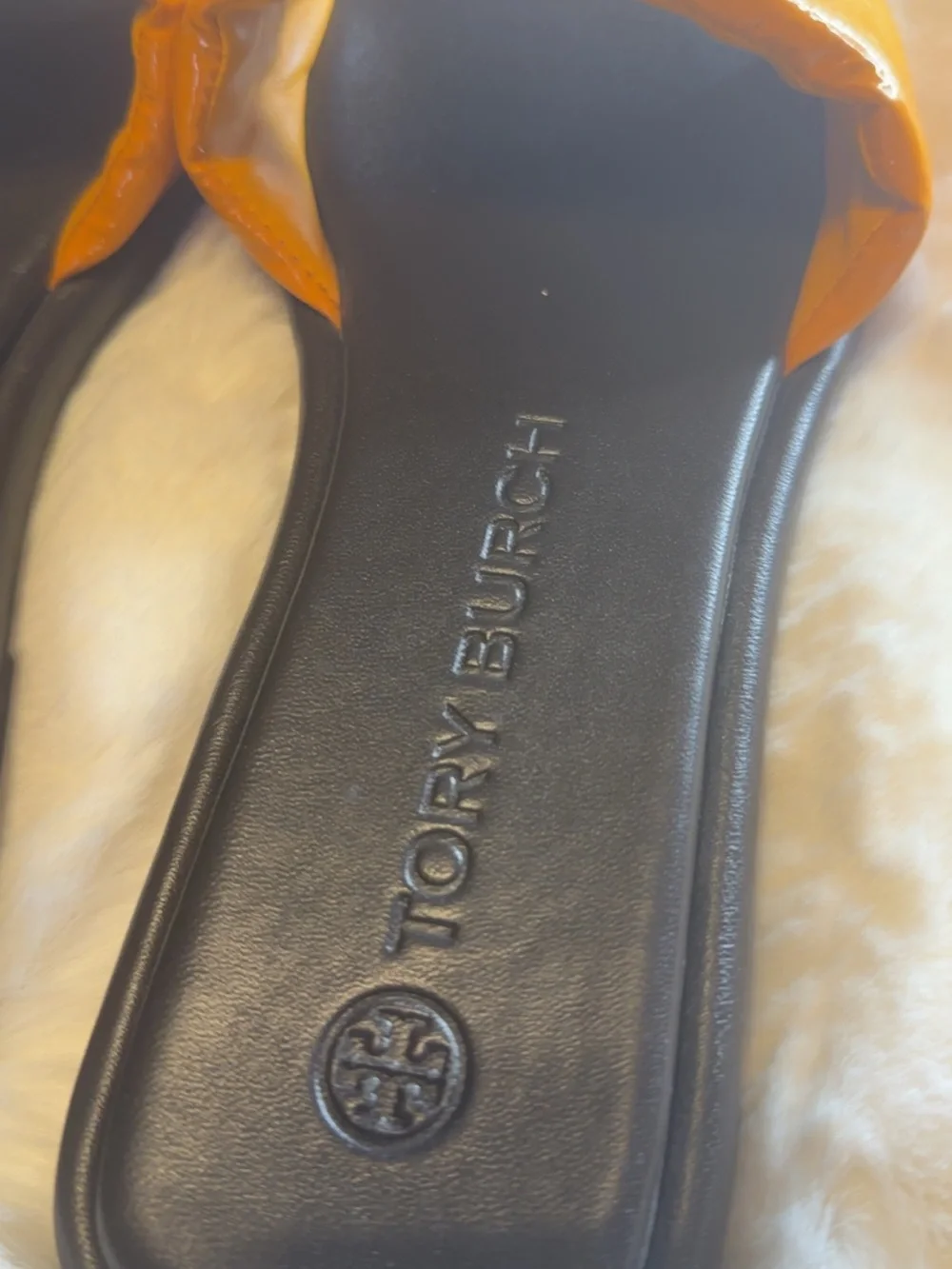 Tory Burch Orange Patent Logo Slide Sandals